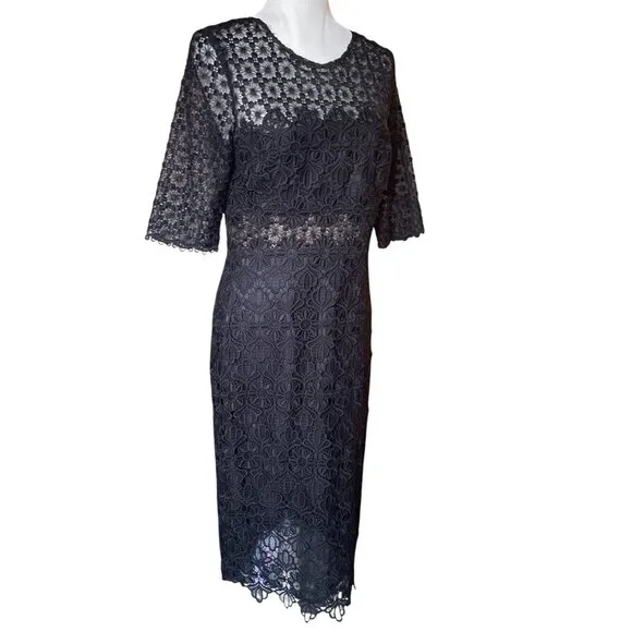 Anthropologie ML Monique Lhuillier Black Floral Lace Sheath Dress Sz 10 - Picture 6 of 16